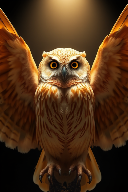 Create a highly detailed 3D rendering of a golden owl with outstretched wings, focused on the intricate feather texture, using a DSLR camera at f/2.8 aperture, ISO 100, and a 50mm lens, with dramatic lighting from above to enhance reflections and highlights.