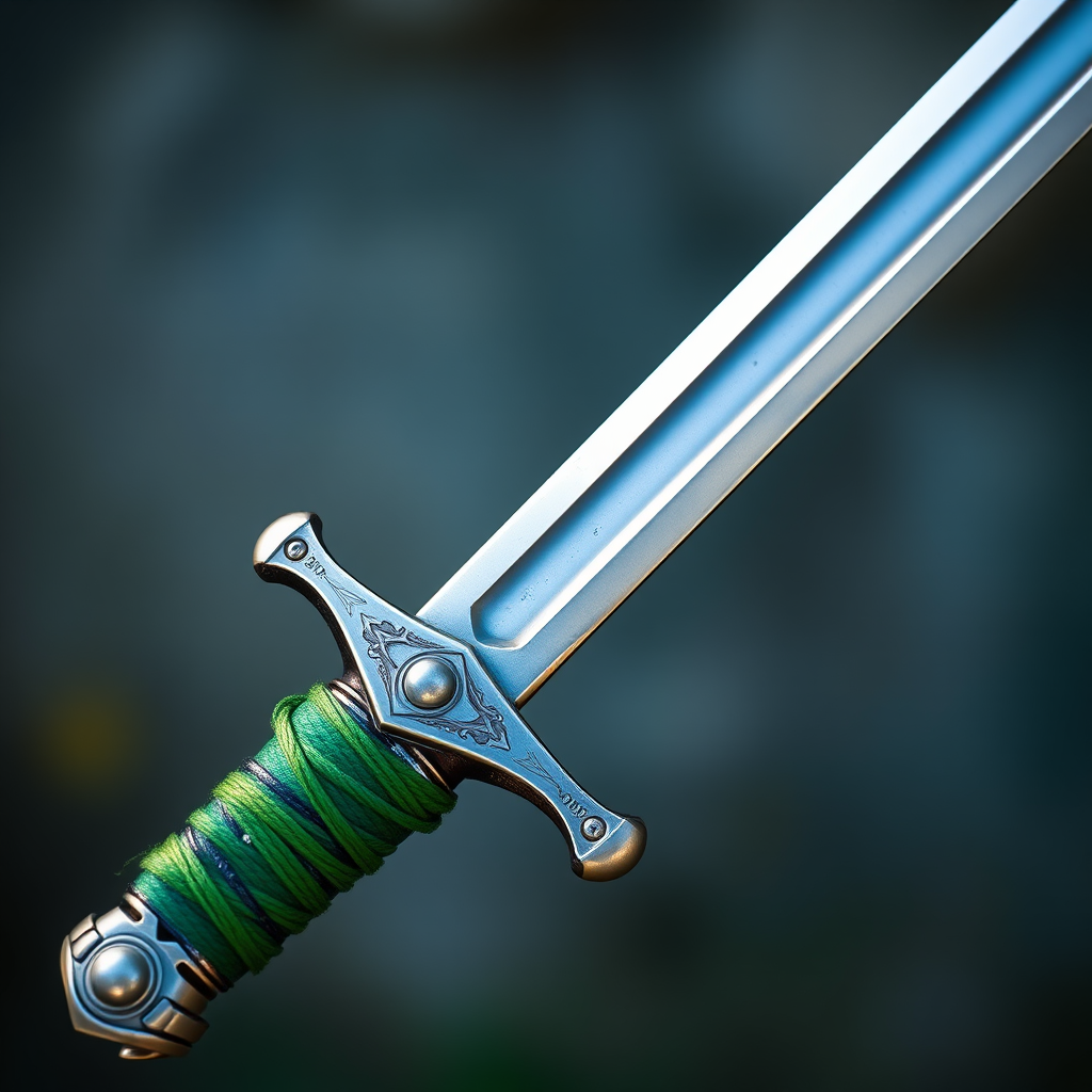 Create a high-resolution image of a sword with a shiny silver blade and a detailed hilt wrapped in green, use a 50mm lens at f/8 aperture, set ISO to 100, with a soft focused background and vibrant colors, captured in natural lighting.