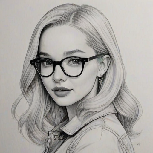 Sublime Dove Cameron, pencil sketch, portrait of Delightful woman 1947s in glasses, hair style beatnik, outline, clear lines, fine lines, 8k