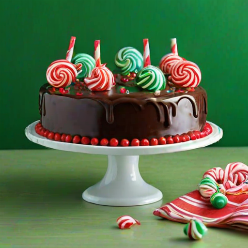Create an image of a festive holiday cake decorated with red and green lollipops, candy canes, and colorful sprinkles. The cake should have a smooth chocolate frosting with a glossy drip effect, sitting on a decorative cake stand. Add some small peppermint candies around the base for extra detail. The background should be soft and neutral to highlight the cake.