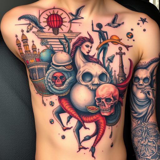 Surrealist tattoo named "Dreamscape Metamorphosis" depicting objects and figures morphing into one another in a flowing, dreamlike composition with a mix of color and black ink