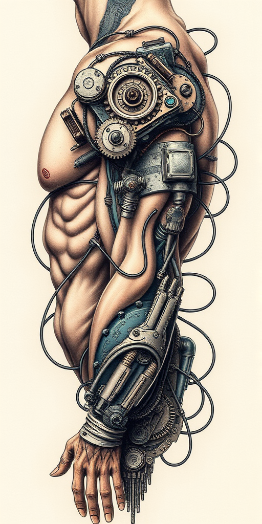Biomechanical tattoo called "Cybernetic Evolution" showcasing a seamless fusion of organic flesh and mechanical components, with intricate gears, wires, and circuit boards intertwining with muscles and tendons, rendered in a hyper-realistic style with meticulous attention to detail and shading, incorporating elements of steampunk aesthetics and futuristic technology, perfect for sci-fi enthusiasts and those fascinated by the concept of human-machine integration