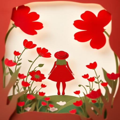 Create a whimsical paper-cut art scene featuring a girl in a red dress and hat standing amidst oversized red flowers, shot with a Canon EOS R, 50mm lens, f/1.8 aperture, ISO 100, natural soft lighting, high-resolution, shallow depth of field.