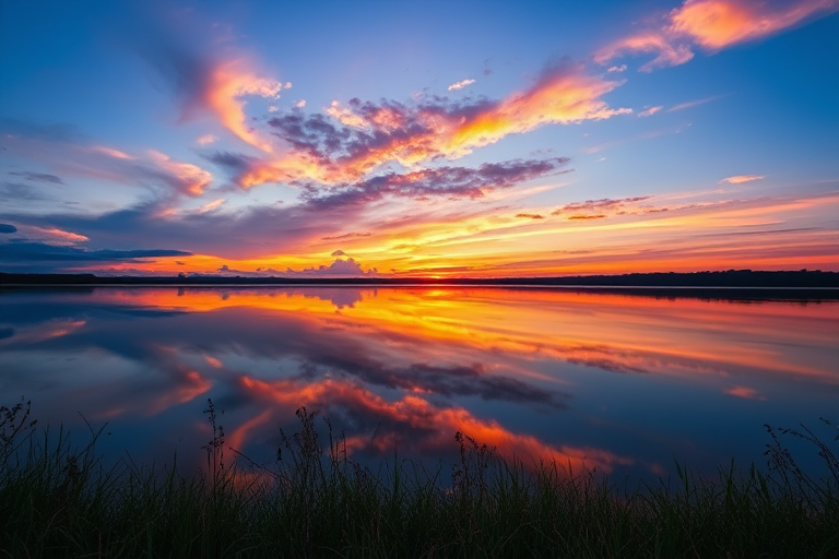 Generate an image of a sunset over a calm lake with reflections of the sky, using a Canon EOS R5 camera, f/8 aperture, ISO 100, 1/200 sec shutter speed, shot from a low angle to capture the foreground, in vibrant colors and high detail.