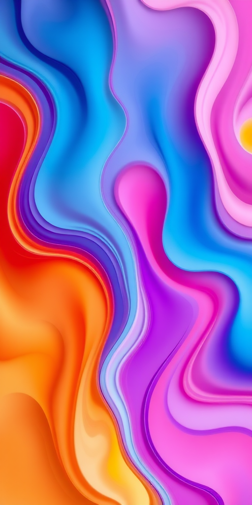 Create a vibrant abstract image with fluid shapes and colorful gradients, captured using a DSLR camera with a 50mm lens at f/1.8, ISO 100, and a shutter speed of 1/250s from an aerial view for enhanced depth and detail.