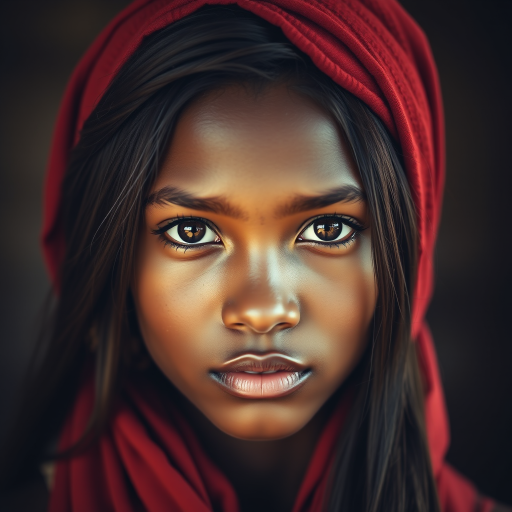 Create a portrait of a young Zulu woman with long, dark hair and captivating hazel eyes. She is wearing a red headscarf and a matching scarf draped gracefully around her neck. The background is softly blurred, focusing attention on her serene and natural expression. The overall color palette is muted and warm, enhancing the intimate and authentic feel of the portrait.