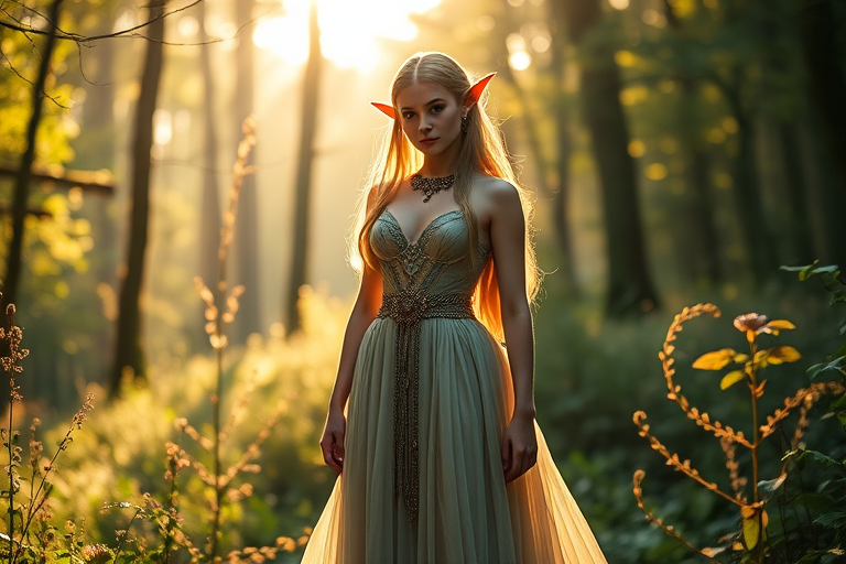Create an enchanting scene featuring a mystical elven woman with pointed ears wearing a flowing gown adorned with jewels, standing gracefully among ethereal forest surroundings bathed in soft golden light, captured with a Canon EOS R5, 50mm f/1.2 lens, natural light, at f/1.2, ISO 100, and a shallow depth of field to enhance bokeh effects.