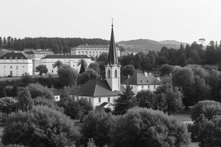 Capture a high-resolution black and white image of a quaint village featuring a steepled church, nestled among trees and houses, using a Canon EOS R6, 50mm lens, f/8 aperture, ISO 100, 1/200 sec shutter speed, with a slight aerial view to enhance depth and detail.