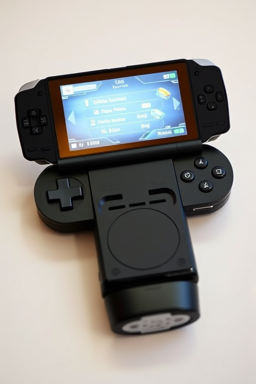 create a high-resolution image of a handheld gaming device with two detachable controllers, backlit screen displaying an interactive menu, camera settings ISO 100, aperture f/2.8, shutter speed 1/60s, view from a 45-degree angle, using a DSLR camera in macro mode for enhanced detail.
