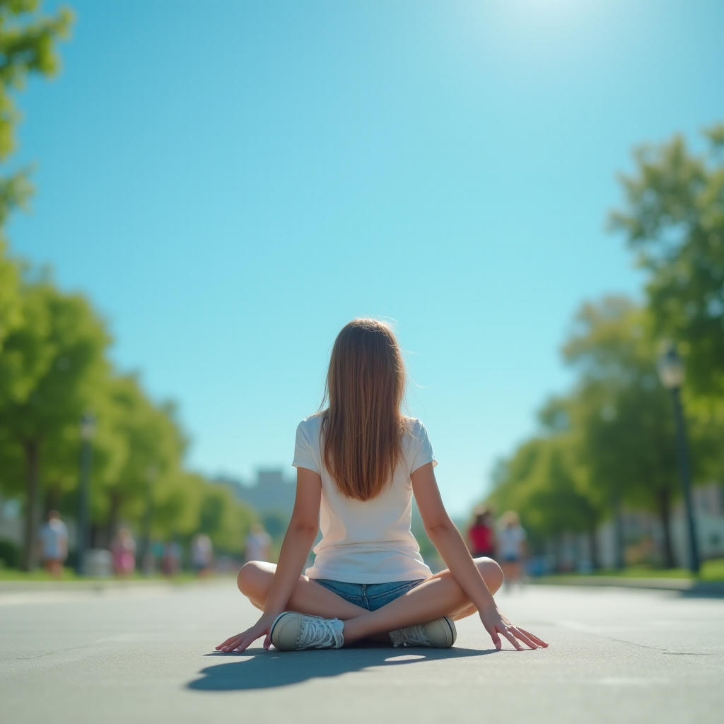 Generate an ultra-realistic, highly detailed, high-definition photograph. It's a photo of a girl sitting on the floor. She's looking at the horizon. The photo is taken from the bottom up, at ground level. The girl's sneakers are in the foreground, in the center of the scene. The girl is wearing light clothes, a t-shirt and short shorts. The sky is blue. Bright environment. The background is a blurred image of a park.