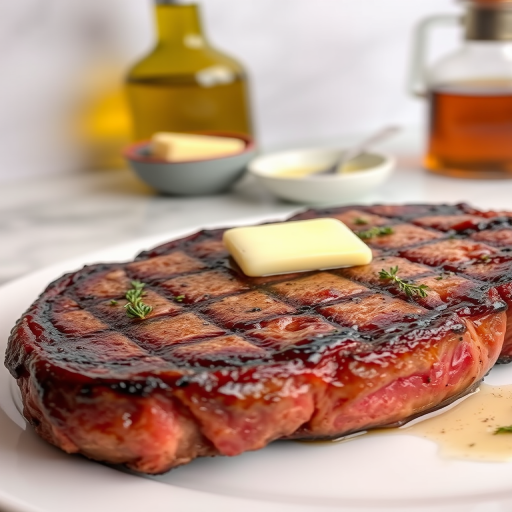 Create an image of a perfectly seared ribeye steak, resting on a white plate with a pat of melting butter on top. The steak is seasoned with fresh herbs like thyme and parsley, with glistening juices highlighting the texture of the meat. The background features a soft focus on a light, marble countertop, with a small dish of butter and an olive oil bottle in the distance. The overall mood should be warm and inviting, capturing the deliciousness and juiciness of the steak.