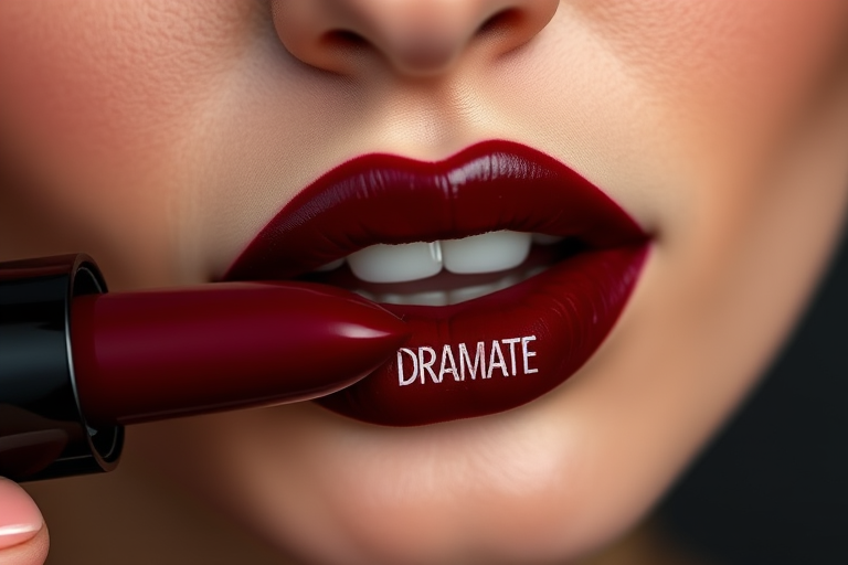 Dramatic "Crimson Noir" velvet liquid lipstick in deep burgundy, intense pigmentation with a soft-focus finish, ideal for vintage-inspired glamour