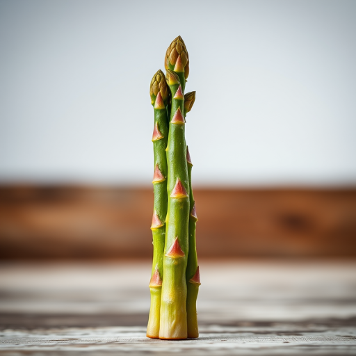 Create a high-resolution image of a green asparagus spear standing upright, taken with a Canon EOS R5, 85mm f/1.2 lens, ISO 100, aperture f/2.8, natural lighting, and a shallow depth of field to emphasize texture and detail.