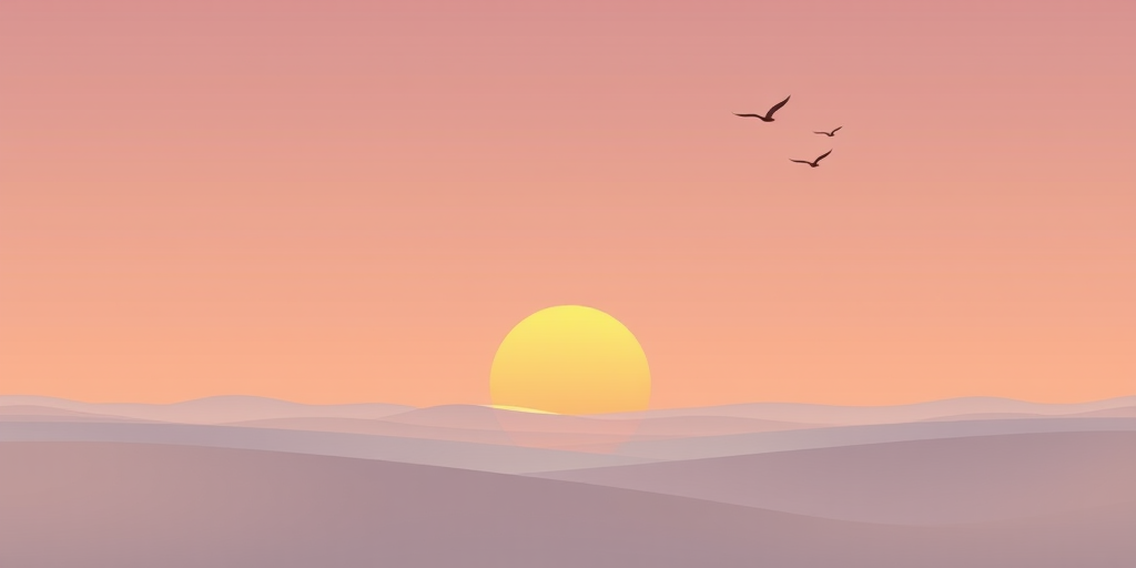 Create a minimalistic landscape illustration featuring a large sun setting in a pastel sky with a few stylized birds flying, emphasizing geometric shapes, captured with a DSLR camera at f/8 aperture, ISO 100, using a wide-angle lens with a panoramic view for enhanced clarity and color vibrancy.
