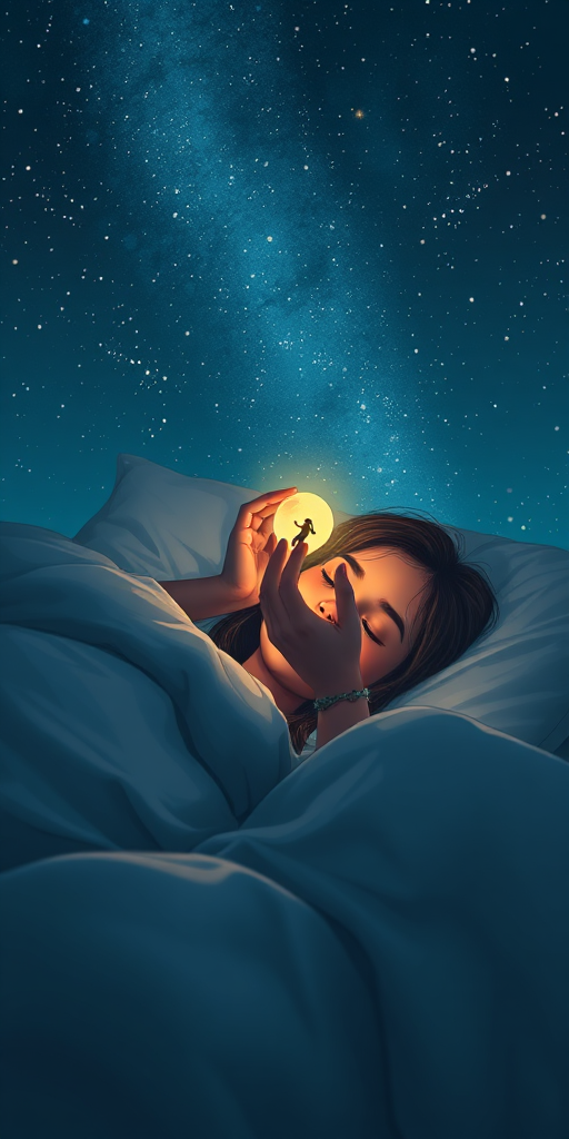 Create a high-quality illustration of a girl lying in bed under a starry sky, gently holding a small glowing orb with a tiny figure reaching for it, shot with a Canon EOS R5, 50mm lens, f/1.8, ISO 100, in a cinematic style with a soft focus effect and deep contrast to enhance the ethereal atmosphere.