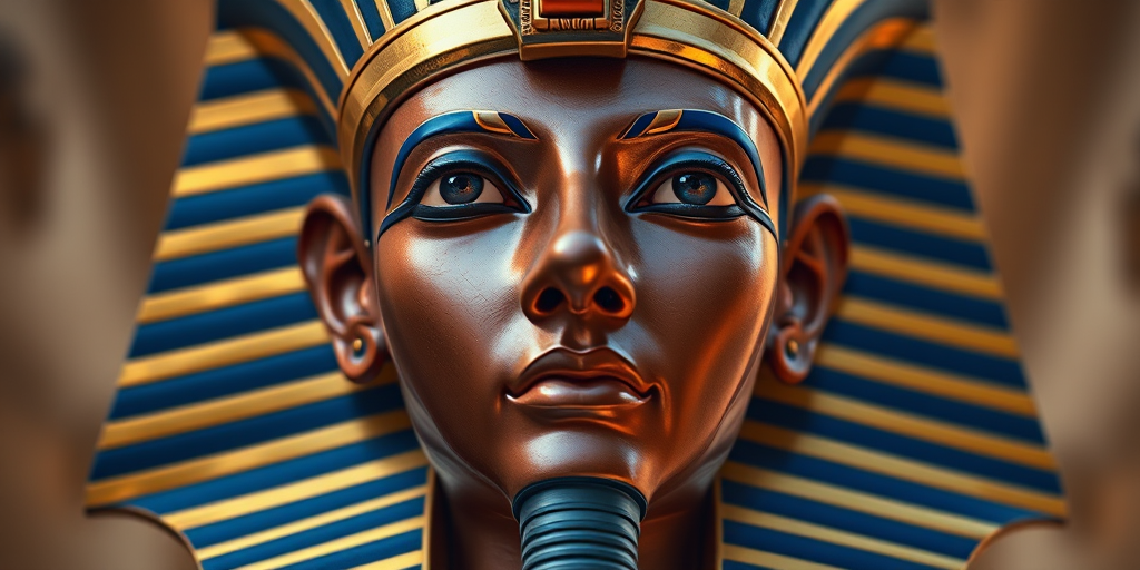 Create a highly detailed digital illustration of a pharaoh with a blue and gold headdress, emphasizing facial features and intricate patterns, using a Canon EOS R5, 50mm lens, f/1.8 aperture, ISO 100, natural lighting, and a low angle view for dramatic effect.