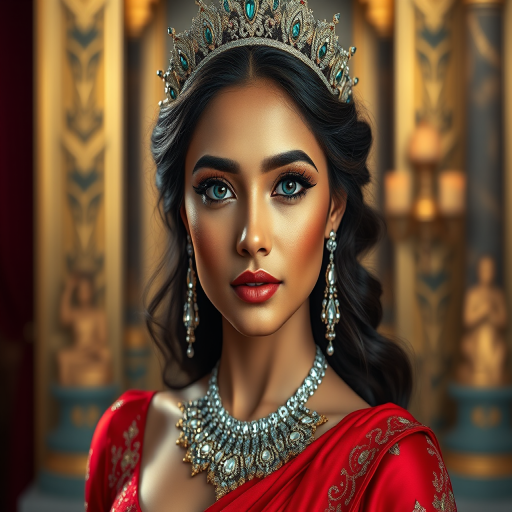 A gorgeous Nepali woman in a luxurious red gown, accessorized with a dazzling tiara and statement earrings, her deep cyan eyes highlighted by impeccable makeup, poised in a royal setting, photorealistic, 8K quality