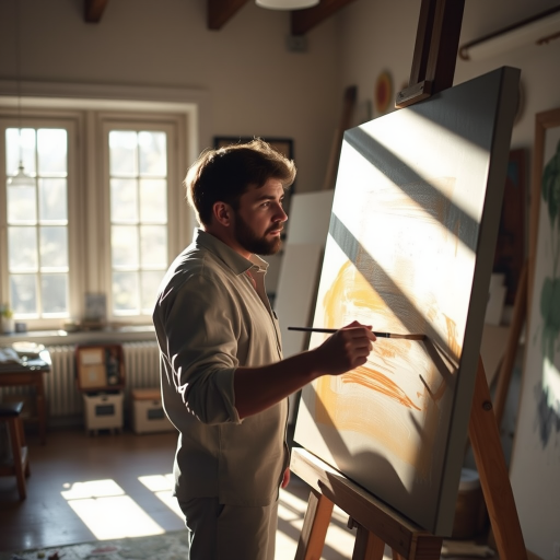 Sharp, detailed image of a painter at work in a sunlit studio, brush strokes on a canvas in progress, sunlight streaming through the windows, soft shadows cast by the easel, the smell of paint and turpentine lingering in the air.