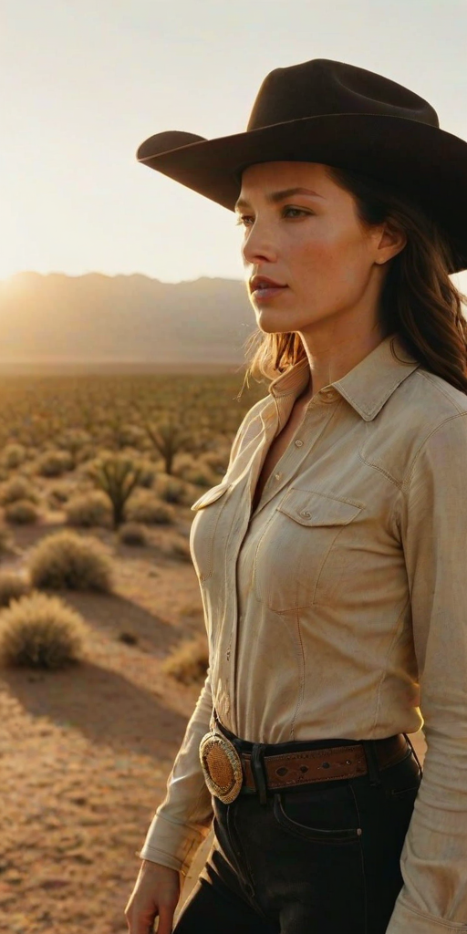 Dramatic photo of a beautiful Western American woman, classic cowboy attire, confident and free spirit expression, half-length portrait, centered, golden hour desert landscape, warm, diffused light, low angle, medium format film camera, in style of Annie Leibovitz.