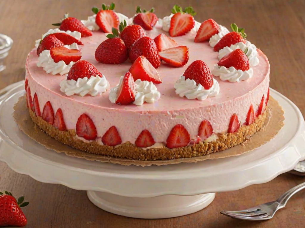 Create an image of a round strawberry cheesecake with a graham cracker crust. The cheesecake should have a smooth pink filling with visible pieces of strawberries. Decorate the top with whipped cream swirls and fresh strawberry slices. Include a whole strawberry in the center and place some whole strawberries around the base. Ensure the cheesecake is partially sliced to show the inside. The setting should have a rustic wooden background.