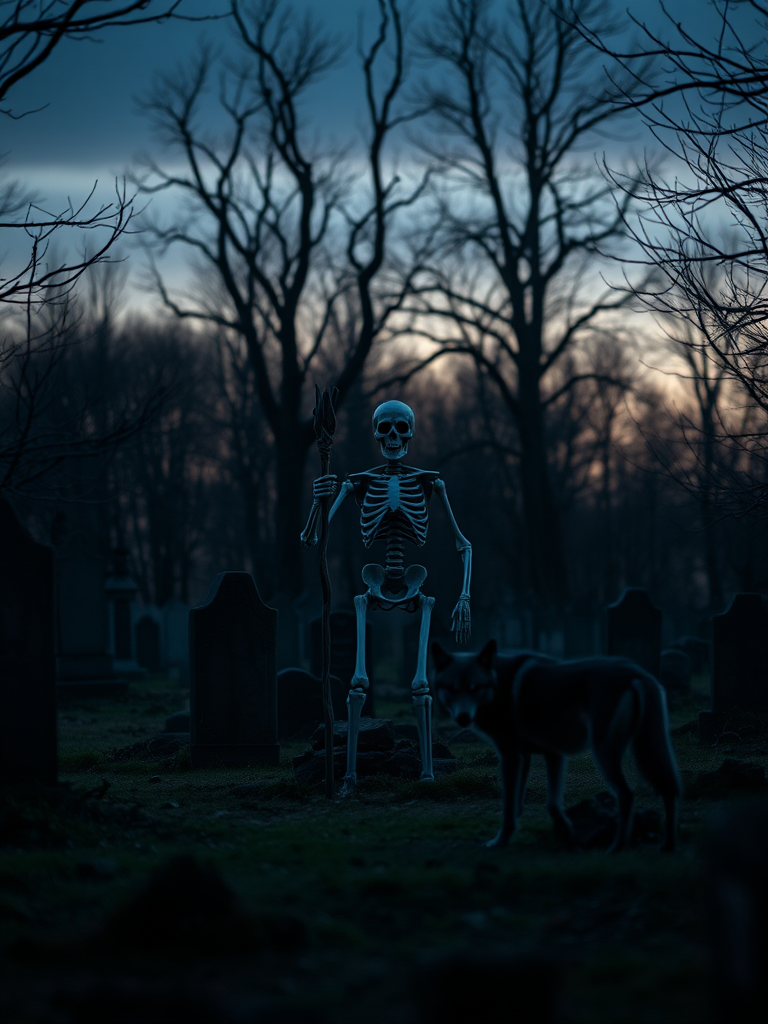 Create a dark fantasy scene featuring a skeletal figure with a staff standing in a graveyard with a wolf, surrounded by barren trees and tombstones, captured with a DSLR camera at f/2.8, ISO 400, 50mm lens, in twilight conditions for enhanced contrast and depth.