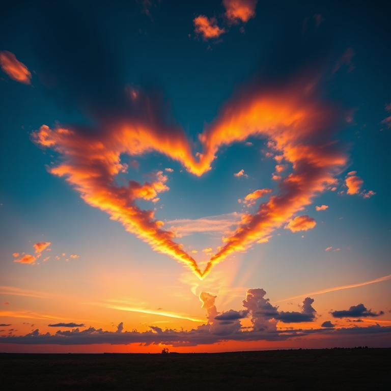 create a stunning sunset scene featuring a glowing heart shape made of clouds in the sky, vibrant oranges and blues, shot with a DSLR camera at f/2.8 aperture, ISO 100, 24mm lens, with a wide-angle view to capture the expansive sky and clouds, using a high dynamic range technique for enhanced detail and color depth.