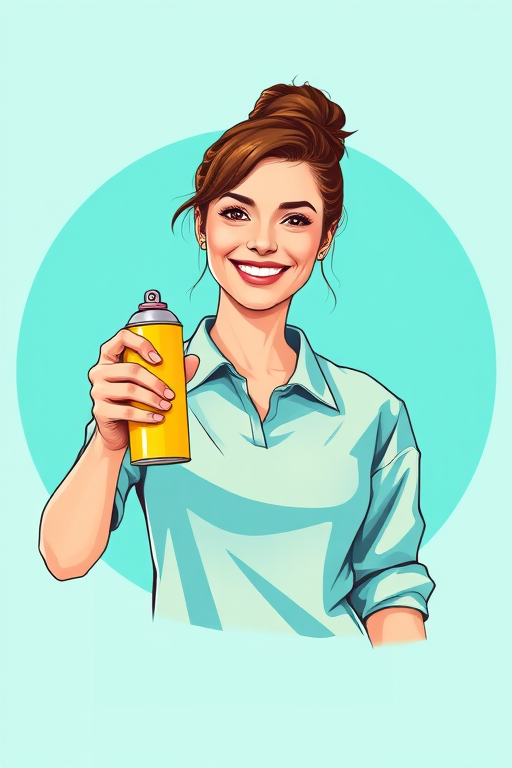 Create a vector illustration of a woman holding a yellow spray can, smiling confidently, in a circular turquoise background, using a high-resolution digital art style with vibrant colors, focus on clean lines and minimalistic design, camera type: digital illustration, camera settings: 300 dpi, 16:9 aspect ratio, camera view: front-facing portrait.