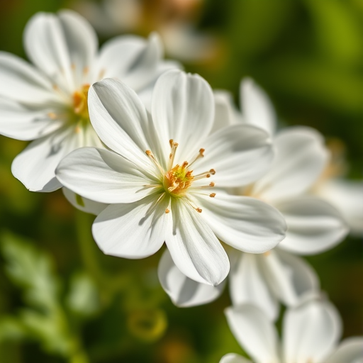 macro shot of white flowers with intricate details, natural sunlight, f/2.8 aperture, 50mm lens, ISO 100, shallow depth of field, DSLR camera, vibrant colors and sharp focus on petals