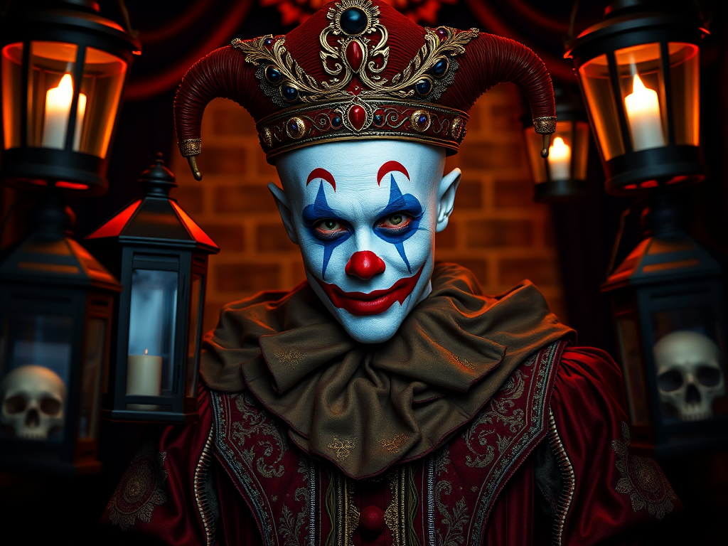 Create an image of a regal clown figure with a pale face, blue and red makeup, and ornate clothing, framed by lanterns and skulls, atmospheric lighting, shot with a 50mm lens at f/1.8, ISO 100, in a dark studio setting, using a Canon DSLR for high detail and vibrant colors.