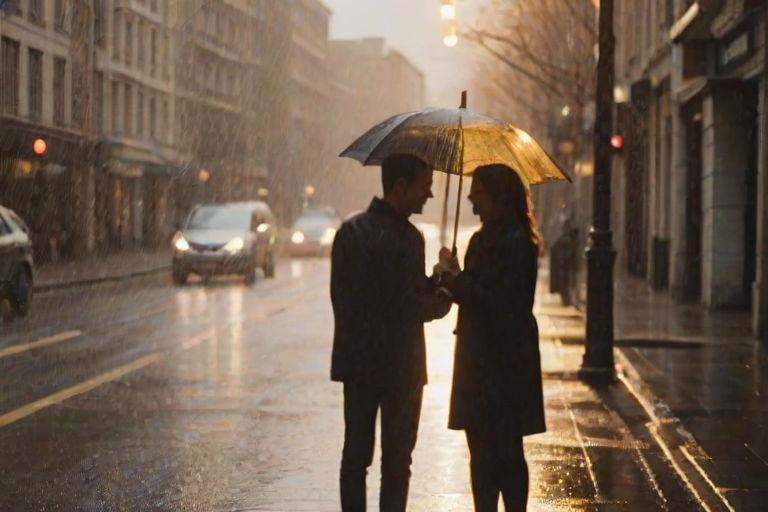 Blurry candid shot of a couple sharing an umbrella in a light drizzle, soft golden light from nearby street lamps casting long shadows on the wet pavement, with distant cars passing by in the background.