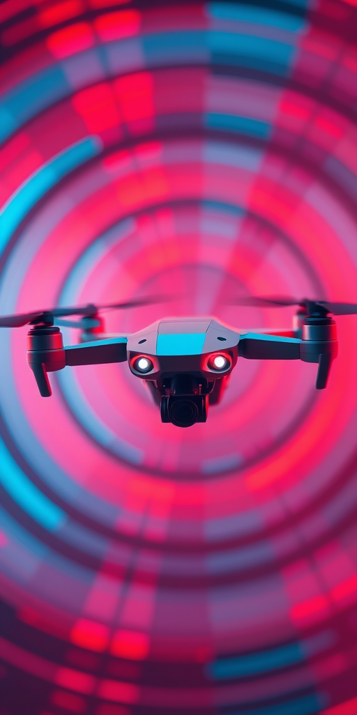 regenerate the image of a futuristic drone in a vibrant red and blue circular abstract background, capturing dynamic movement with a high-speed shutter of 1/1000s, aperture f/4 for depth of field, ISO 200, using a wide-angle lens and a drone or digital camera to emphasize the sleek design and lighting effects