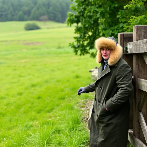 A man wearing a fur-lined hat and a green coat stands by a wooden gate in a grassy field, surrounded by lush greenery.