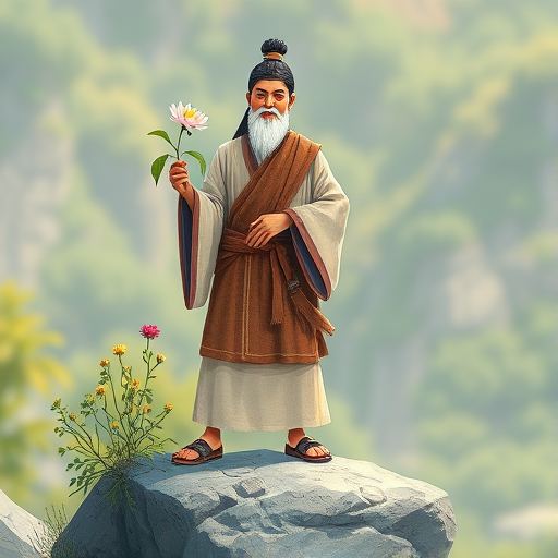 Create an illustration of a historical figure holding a flower while standing on a rock, dressed in traditional attire, using a Canon EOS R5, 50mm lens, f/1.8 aperture, 1/200s shutter speed, natural light, focus on details and textures.