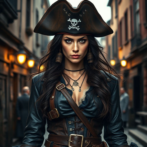 Create a portrait of a fierce female pirate. She wears a leather tricorn hat adorned with a skull and crossbones emblem, and her long, dark hair flows around her face. Her outfit consists of a richly detailed leather jacket, a corset, and multiple layers of belts and accessories, giving her a formidable and stylish appearance. She stands confidently in a dimly lit, historic port town, with a backdrop of weathered buildings and cobblestone streets, capturing the adventurous spirit of a pirate.