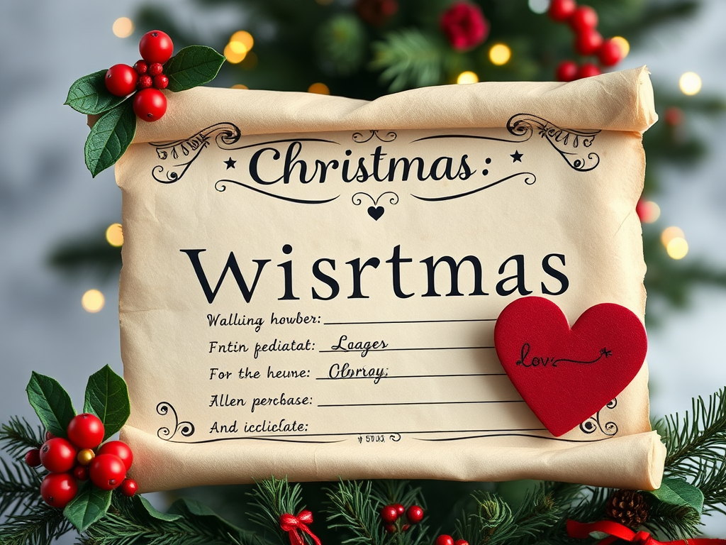 Create a vintage-style Christmas wishlist parchment with a scroll effect, featuring a red heart, holly leaves, and festive decorations, shot with a DSLR camera at f/2.8 aperture, ISO 100, 50mm lens, with a soft focus background for depth.