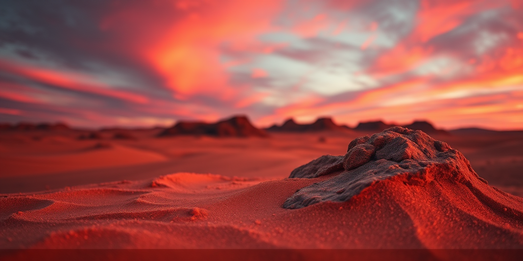 scenery, sand, rock, sky, red colors, depth of field, highly detailed, cinematic lighting, aesthetic