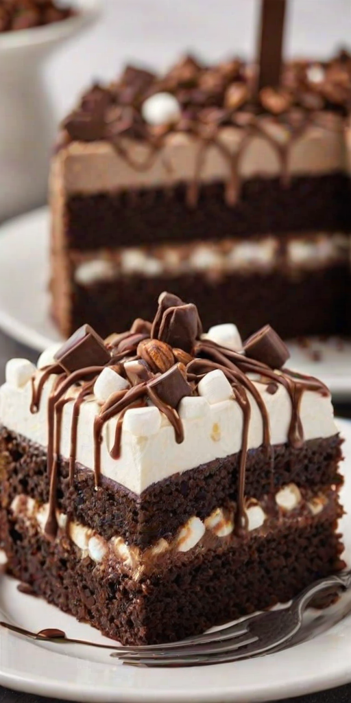 Create an image of a decadent chocolate cake slice with multiple layers. The cake should have a rich chocolate frosting on top, decorated with mini marshmallows and chocolate drizzle. The layers should include chocolate cake and a creamy filling, with some visible nuts or crunchy elements. The plate should be white, and a fork should be placed beside the slice. The background should be softly blurred to emphasize the cake.