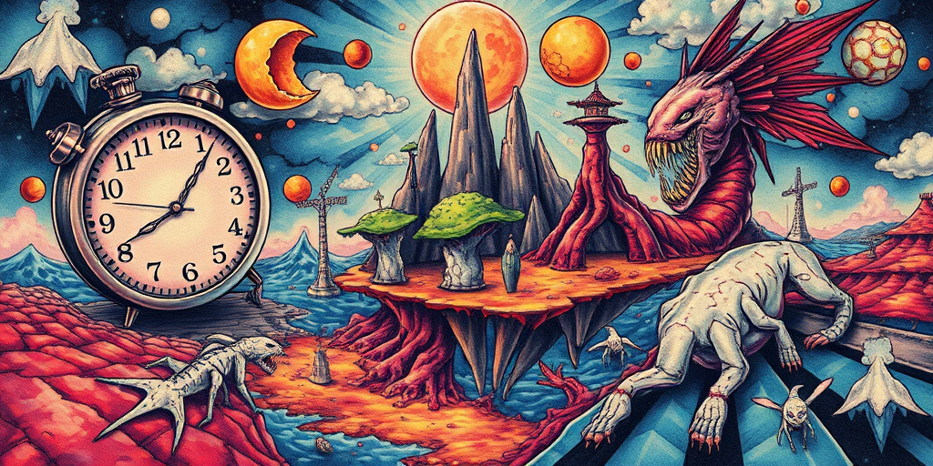 Surrealist tattoo named "Dreamscape Fusion" depicting a seamless blend of contrasting elements such as melting clocks floating islands and morphing creatures in a mind-bending technicolor landscape