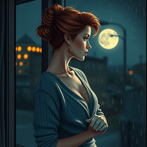 a beautiful cinematic sexy female,Chignon,Strawberry blond,dressed in a cardigan sweater over a sleeveless dress with gloves and pumps,A woman with a haunting gaze stares out a rain-streaked window, her reflection distorted in the glass, hinting at hidden secrets.,epic Detailed illustration vibrant extremely hyper aesthetic,Iphone X,Moonlit