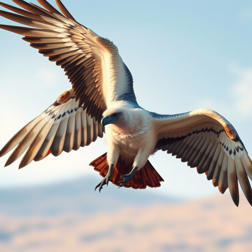 Create a detailed illustration of a majestic griffon vulture in mid-flight with its wings fully spread, high-resolution, using a DSLR camera with a 50mm lens, f-stop set to f/2.8, ISO 100, soft lighting to enhance colors and textures, shot from a low angle to emphasize the bird's grandeur.