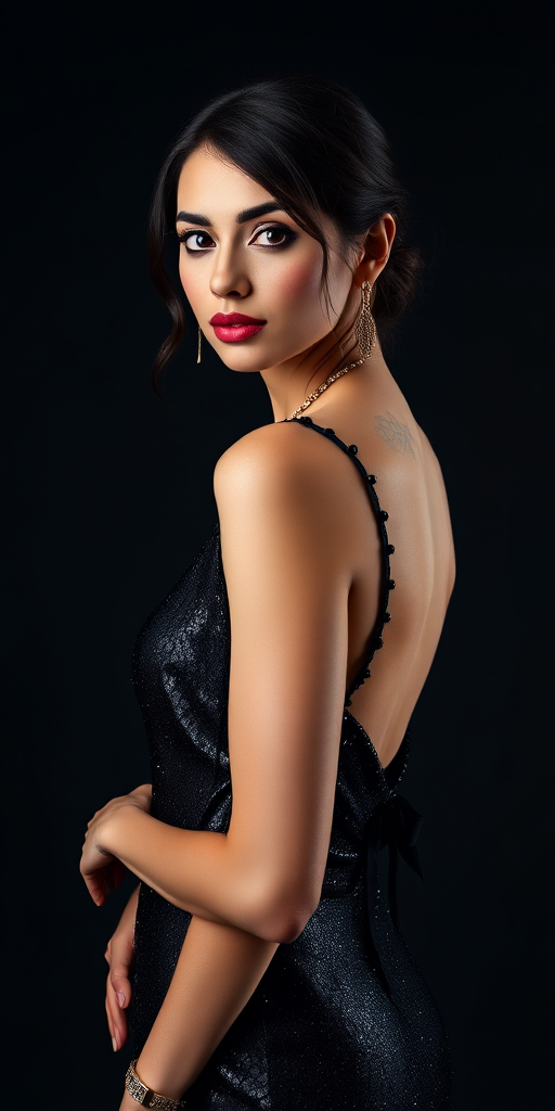 portrait of a woman in a sparkling black dress with elegant accessories, studio setting with soft lighting, Canon EOS R5, 85mm f/1.2 lens, ISO 100, f/2.8, 1/200s, focus on model with a dark background to enhance contrast