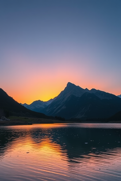 A serene landscape featuring a mountain range at sunset with a clear lake in the foreground, captured with a full-frame DSLR camera at f/8, ISO 100, 1/125 sec, using a wide-angle lens from a low angle perspective to enhance depth and detail.