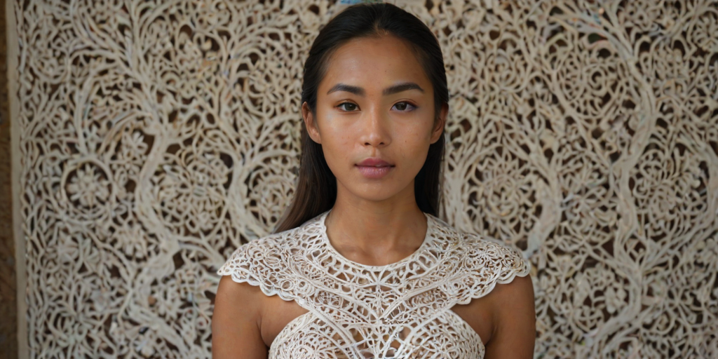 Face, shoulders, chest covered in openwork Malay embroidery. Raw, unedited image.