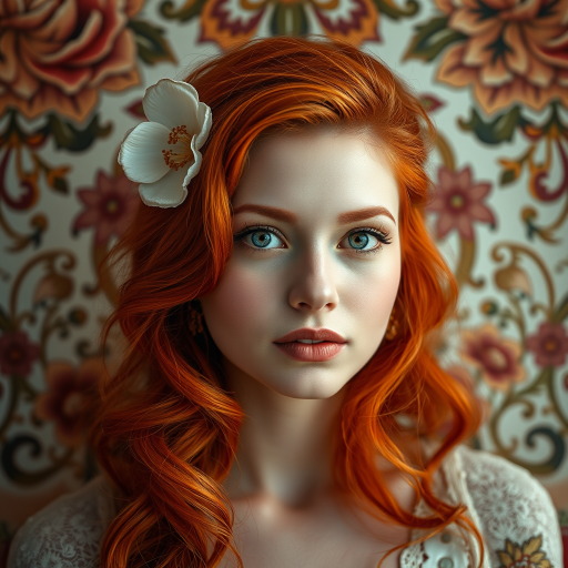 Create a portrait of a woman with vivid red hair surrounded by intricate floral ornaments and art nouveau motifs, with soft lighting and a dreamy atmosphere, captured using a 50mm lens at f/1.8, ISO 100, and a Canon DSLR, using a shallow depth of field to enhance details and focus on her expression.