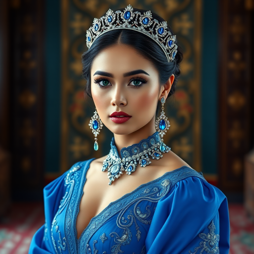 A gorgeous Uyghur woman in a luxurious blue gown, accessorized with a dazzling tiara and statement earrings, her deep green eyes highlighted by impeccable makeup, poised in a royal setting, photorealistic, 8K quality