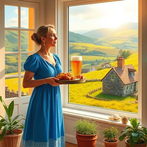 In "A Glass of Beer on the Highland," a serene scene is depicted in a sunlit room where a woman in a vibrant blue dress stands by a large window. She holds a tray with a hearty meal and a frothy glass of beer, embodying a moment of relaxation. Outside, the breathtaking highland landscape features rolling green hills and a charming traditional house, all bathed in warm afternoon light. The interior is adorned with potted plants, creating a harmonious blend of comfort and nature. The painting beautifully captures the tranquility and joy found in simple pleasures amidst stunning scenery