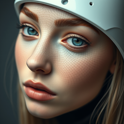 Create a hyper-realistic portrait of a young woman with cybernetic features, capturing intricate details in her eyes and skin texture, shot using a Canon EOS R5 with a 50mm f/1.2 lens at ISO 100, aperture f/2.0, 1/200 sec shutter speed in a soft, diffused lighting environment to enhance depth and clarity.