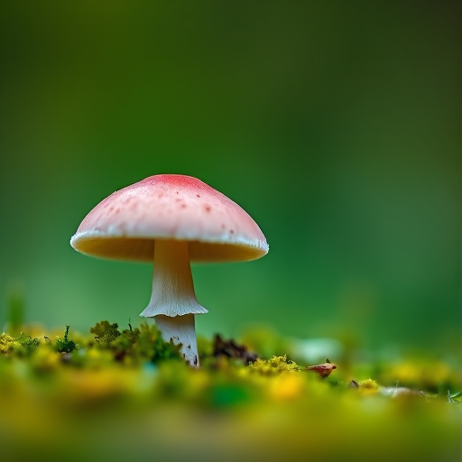 capture a close-up of a pink mushroom on a blurred green background using a Canon EOS R5 with a 100mm f/2.8 macro lens at f/2.8, ISO 200, 1/200s, focus on the mushroom details with a soft bokeh effect