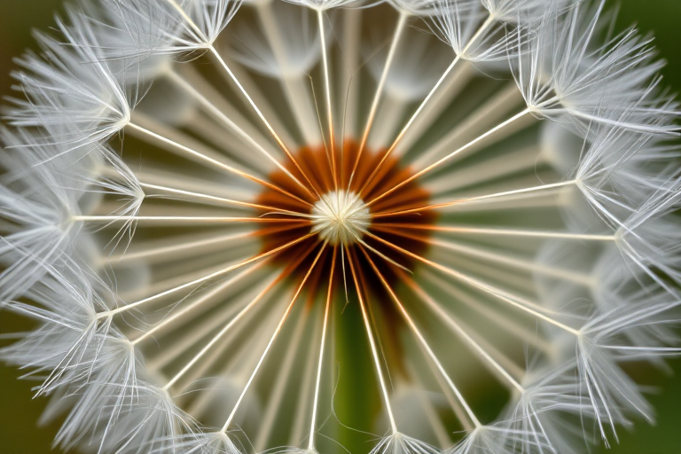 close-up of a dandelion seed head with intricate white filaments radiating from a central point, soft focus background