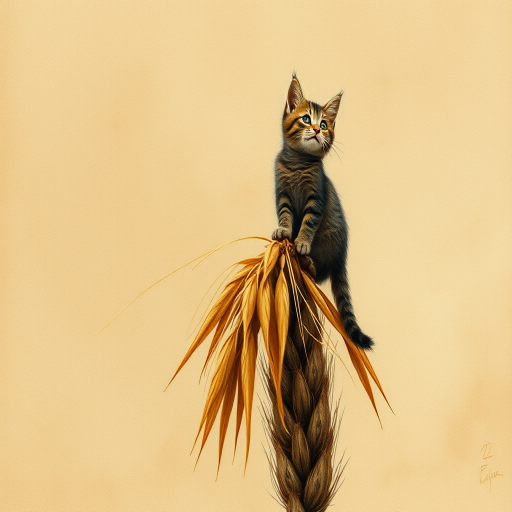 Soft, muted Alcohol Ink with ebru effect background image of tiny whimsical cat, who climbed high on the top of a golden rye ear.